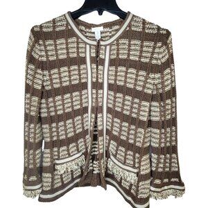 Chicos Women's Fringe Ribbed Knit Cardigan Sweater Size 3 Designer Sleeve Pocket